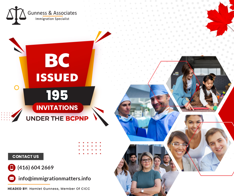 195 candidates were invited under the BC PNP draw on August 09, 2023, the Government of British Columbia issued new invitations under the British Columbia Provincial Nominee Program (BCPNP) and invited qualified Skills and Immigration candidates. In the general draw, the province invited 139 candidates. The minimum score for candidates invited to this draw was 88-110 points. The province issued 34 ITAs to candidates under the childcare-targeted draw for early childhood educators (NOC 42202). In the Healthcare-targeted draw, BC invited 22 candidates who scored 60 points. Latest BC PNP draw on August 09 OverviewThe overview of the stream, minimum score, and targeted draws descriptions of the latest BC PNP Draw on August 09 are listed in the table below:DateInvitationsStreamScoreDescriptionAugust 9, 2023139Skilled Worker107General draw (includes tech occupations)Skilled Worker - EEBC option107International Graduate110International Graduate - EEBC option110Entry Level and Semi-Skilled8834Skilled Worker, International Graduate (includes EEBC option)60Targeted draw: Childcare: Early childhood educators and assistants (NOC 42202)2260Targeted draw: HealthcareIn total, British Columbia issued 195 ITAs in this draw. This year, British Columbia has already invited 6,460 candidates.Important factors of targeted BC PNP Invitation roundsOne or more of the following factors may be used to target ITAs to the Skills Immigration streams:Education: level, field of study, and place of completion
Professional designations that are acceptable in BC
language proficiency
Occupation
length and level of work experience
the job's salary and/or level of skill
want to settle down in a specific region and live there
Strategic goals are elements that support government pilot programs and initiatives or address specific labor market needs in British Columbia BC PNP Draws 2023 You can find out details on the most recent BC PNP draw 2023 their dates, the number of invitations to apply (ITAs) issued to submit nomination applications, the draw streams that were held, and any specific factors targeted. To know details of the complete BC PNP draws of 2023 Click hereBC PNP’s Skills Immigration Stream British Columbia Provincial Nominee Program (BC PNP), a Provincial Nominee Program (PNP) run by the province of British Columbia, contains a number of immigration streams referred to as British Columbia Skills Immigration. Workers and foreign graduates who have the skills, education, and/or experience necessary to effectively contribute to the BC economy may be nominated for permanent residence in Canada through the BC Skills Immigration programs.The BC Skills Immigration program offers the following streams:BC Skilled Worker
BC Healthcare Professional
BC International Graduate
BC International Post-Graduate
BC Entry Level and Semi-Skilled WorkerJoin our RSS Feed Want to know more details about the “195 candidates invited under the BC PNP draw on August 09” you can contact one of our immigration specialists at  Gunness & Associates.Tel: (416) 604-2669 Email: info@test.immigrationmatters.infoGunness & Associates has helped thousands of people successfully immigrate to Canada with their families. Our skilled and experienced immigration experts have the expertise to accurately examine your case and advise you on the best method of proceeding to best serve your needs.For honest and straightforward advice, contact the expertsat Gunness & AssociatesGet a free Assessment Join our newsletter and get up-to-date immigration news Click hereAll rights reserved ©2023 Gunness & Associates