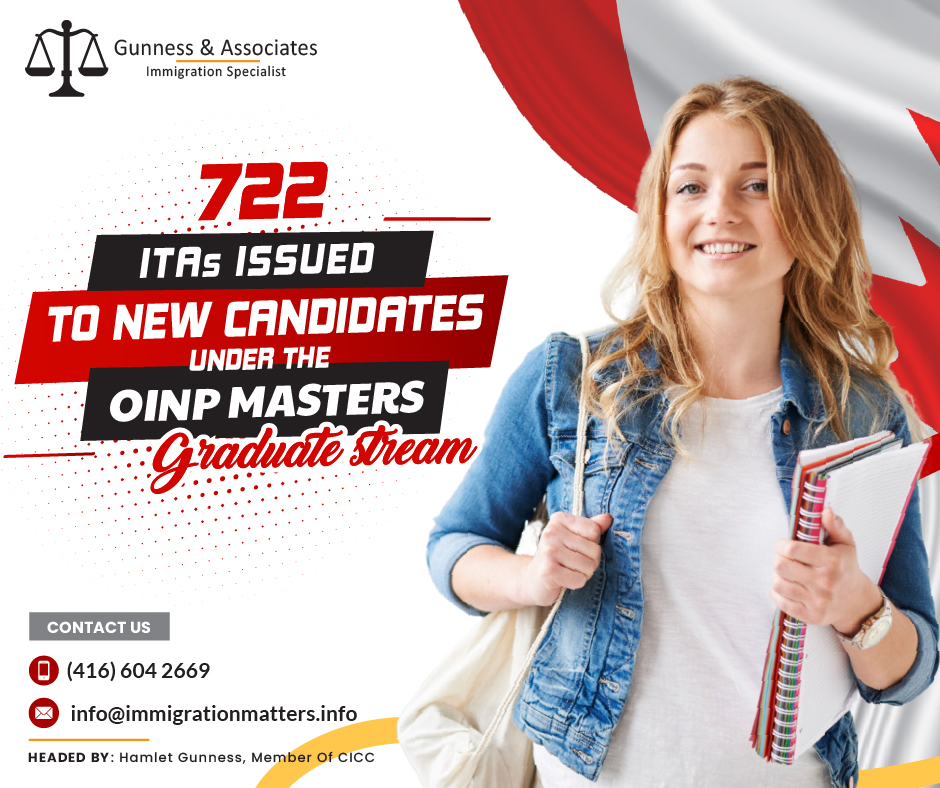 On August 30, 2023, 772 invitations to apply (ITAs) were issued to new candidates under the OINP Masters Graduate stream in the Expression of Interest system pool. Candidates who received an invitation had a minimum score of 44 points, 4 points fewer than in the previous draw. The profiles of selected candidates were created between November 22, 2022, and August 30, 2023. In total, this year, Ontario invited 32,019 candidates under the OINP streams, including 2,971 Masters Graduate stream candidates.As a candidate, you can work with an immigration specialist. Fill out the form to Get an assessment from an experienced immigration consultant.OINP Masters Graduate Stream Draws in 2023 As to this newest draw, the Ontario PNP had held 5 draws under the Master's Graduate Stream in 2023. The details of all 5 draws are given in the table below:DateMinimum ScoreTotal invitations August 30, 202344772August 1, 202348755June 6, 2023461,175April 4, 202352752January 25, 202344692Total invitations in 2023 so far4,146Complete List of Ontario Universities Eligible for OINP Masters Graduate Stream
Algoma University
Brescia University College (Affiliated with the University of Western Ontario)
Brock University
Carleton University
Dominican University College
Huron University College (Affiliated with the University of Western Ontario)
King’s University College at the University of Western Ontario
Lakehead University
Laurentian University
McMaster University
Nipissing University
Ontario College of Art & Design University
Queen’s University
Royal Military College of Canada
Toronto Metropolitan University (formerly Ryerson University)
Saint Paul University (Federated with the University of Ottawa)
St. Jerome’s University (Federated with the University of Waterloo)
Trent University
University of Guelph
University of Ontario Institute of Technology
University of Ottawa
University of St. Michael’s College (Federated with the University of Toronto)
University of Toronto
University of Trinity College (Federated with the University of Toronto)
University of Waterloo
University of Windsor
Victoria University (Federated with the University of Toronto)
Western University
Wilfrid Laurier University
York UniversityWhat is the OINP Masters Graduate stream?The Masters Graduate stream allows international graduates with an Ontario master's degree to apply to live and work permanently in Ontario.Before you can apply to be nominated for permanent residency by the Ontario government, you must first register in the OINP's Expression of Interest System and receive an invitation to apply.What are the requirements for the OINP Masters Graduate stream? You may apply to the Master's Graduate stream after receiving an invitation to apply. In order for your application to be granted, you must meet all of the requirements. To apply, you need not need a job offer. Requirements for the OINP masters graduate streams are: You must have received an invitation to apply and submitted your application by the deadline.
You must establish that you possessed the qualifications stated in the expression of interest, which you registered with the OINP and stated to.
at least one academic year of full-time study (that is, at least 15 hours of instruction per week across the academic year, including any job-related training).
You must be able to understand, read, write, and speak English or French at a level 7 or higher on the Canadian Language Benchmark (CLB).
Before applying, you must have legally resided in Ontario for at least one year in the previous two years.
When you immigrate to Canada, you must have enough money to support yourself and any dependent family members.
After receiving permanent residence, you must plan to live in Ontario.Join our RSS Feed Want to know more details about “772 ITAs issued to new candidates under the OINP Masters Graduate stream” you can contact one of our immigration specialists at Gunness & Associates.Tel: (416) 604-2669 Email: info@test.immigrationmatters.infoGunness & Associates has helped thousands of people successfully immigrate to Canada with their families. Our skilled and experienced immigration experts have the expertise to accurately examine your case and advise you on the best method of proceeding to best serve your needs.For honest and straightforward advice, contact the expertsat Gunness & AssociatesGet a free Assessment Join our newsletter and get up-to-date immigration news Click hereAll rights reserved ©2023 Gunness & Associates