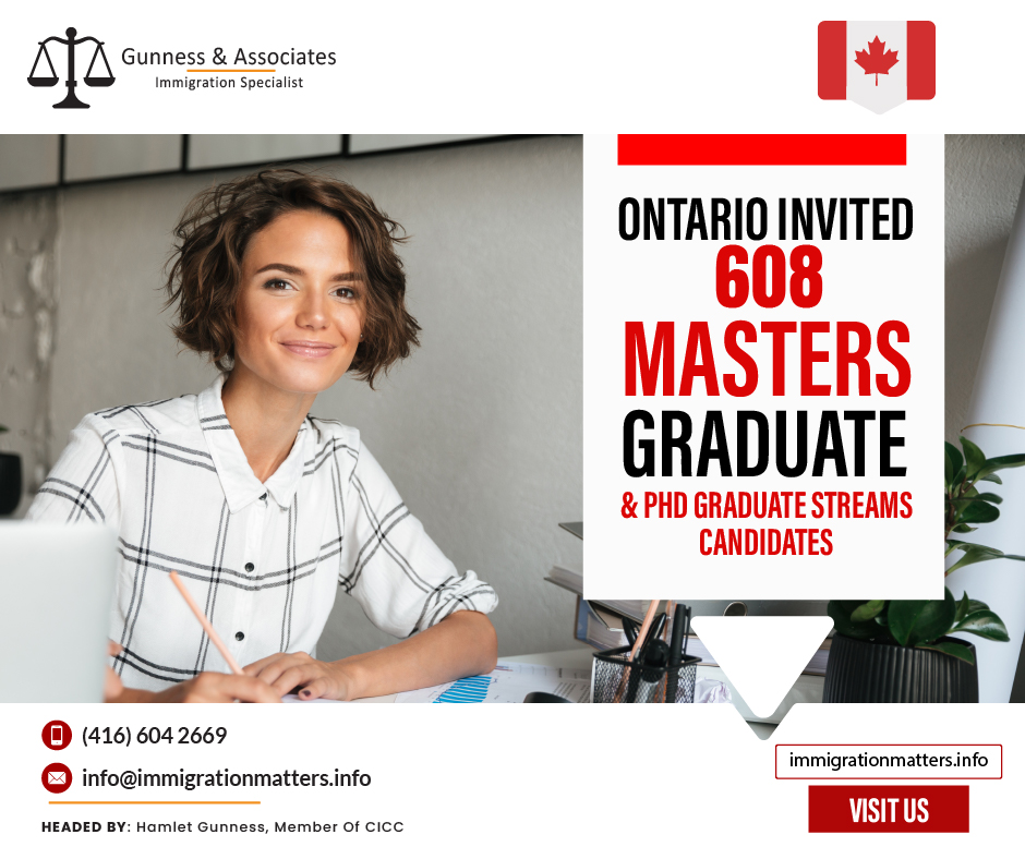 On September 19, 2023, the OINP Masters Graduate and Ph.D. Graduate streams issued 537 invitations to apply (ITAs). The minimum score of this round was 41 points, three points fewer than it was in the previous draw. In addition, on September 19, 2023, Ontario also invited 71 candidates under the PhD Graduate Stream. The minimum score for this draw was 40 points. The profiles of selected candidates were created between November 22, 2022, and September 19, 2023. As a candidate, you can work with an immigration specialist. Fill out the form to Get an assessment from an experienced and licensed immigration consultant.In total, this year, the province invited 32,927 candidates through the OINP.OINP Masters Graduate stream Draws 2023 DateInvitationsScore rangeSeptember 19, 202353741 and aboveAugust 30, 202377244 and aboveAugust 1, 202375548 and aboveJune 6, 20231,17546 and aboveApril 4, 202375252 and aboveJanuary 25, 202369244 and aboveOINP Ph.D. Graduate Stream Draws 2023DateInvitationsScore rangeSeptember 19, 20237140 and aboveAugust 1, 20238439 and aboveJune 6, 202313442 and aboveApril 4, 202313148 and aboveOntario Expression of Interest Ranking System In the Ontario Expression of Interest ranking system points are given for the following requirements:Level and field of education and where they completed their studies.
English or French proficiency is required.
The desire to live outside of the Greater Toronto Area.
Level of skill and work experience, earnings history, and other criteria essential to job prospects in Ontario.
The province's or region's labor market requirements.
What are the average application processing times for the OINP?On September 19, 2023, Ontario updated the average processing time in the Ontario Immigrant Nominee Program (OINP). Currently, the processing time for: Express Entry Skilled Trades Stream, Express Entry French-Speaking Skilled Worker Stream, and Master’s Graduates Stream is 60-90 days. 
Processing times for Ontario’s Express Entry Human Capital Priorities Stream is 70-100 days. 
The average application processing times for Employer Job Offer: In-Demand Skills Stream, Employer Job Offer: Foreign Worker Stream, and Employer Job Offer: International Student Stream is 90-120. 
The average processing time for Ph.D. The Graduate Stream is 30-60 days. 
The processing time for Ontario’s Expression of Interest (EOI) Assessment in the Entrepreneur Stream still requires less than 30 days, and 
the application processing depends on the complexity of the business nomination applicationJoin our RSS Feed Want to know more details about “Ontario invited 537 Masters Graduate and Ph.D. Graduate streams candidates” you can contact one of our immigration specialists at  Gunness & Associates.Tel: (416) 604-2669 Email: info@test.immigrationmatters.infoGunness & Associates has helped thousands of people successfully immigrate to Canada with their families. Our skilled and experienced immigration experts have the expertise to accurately examine your case and advise you on the best method of proceeding to best serve your needs.For honest and straightforward advice, contact the expertsat Gunness & AssociatesGet a free Assessment Join our newsletter and get up-to-date immigration news Click hereAll rights reserved ©2023 Gunness & Associates