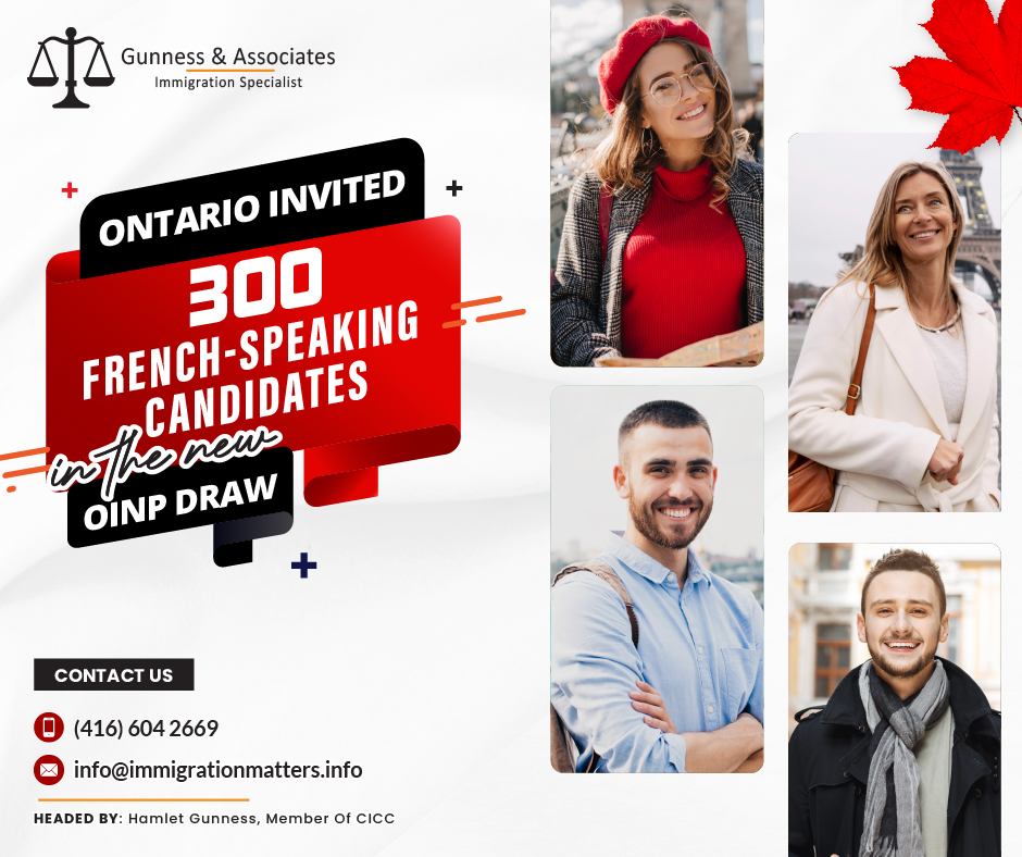 On September 7, 2023, the Ontario Immigration Nominee Program (OINP) held the sixth round of invitations in Ontario’s Express Entry French-Speaking Skilled Worker stream. In this round, the OINP issued 300 Invitations to Apply for the Francophone candidates. The Comprehensive Ranking Score (CRS) range of candidates who received the Notification of Interest from the OINP was between 308 and 434 points. The Express Entry profiles of the candidates were created between September 7, 2022, and September 7, 2023.In 2023, Ontario invited 1,427 FSSW candidates.As a candidate, you can work with an immigration specialist to smooth your immigration process. Fill out the form to Get an assessment from an experienced immigration consultant.The invited TEER categories in the OINP draw for francophone applicants on September 7th:TEER 0
: Management occupations
TEER 1: Occupations that usually require a university degree
TEER 2: Occupations that usually require a college diploma, apprenticeship training of 2 or more years, or supervisory occupations.
TEER 3: Occupations that usually require a college diploma, apprenticeship training of less than 2 years, or more than 6 months of on-the-job trainingFrench-Speaking Skilled Worker stream One of the Human Capital streams of the Ontario Immigrant Nominee Program (OINP), a Provincial Nominee Program (PNP) administered by the government of Ontario, is French-speaking skilled Workers. French-speaking Skilled Worker accepts Express Entry applicants who exhibit competence in both English and French and the potential to contribute to the province's workforce as skilled workers.Candidates who are successfully nominated through the Ontario French-speaking Skilled Worker stream will be asked to apply for Canadian permanent residence. This path corresponds to the federal Express Entry immigration program. To be eligible for the stream, an applicant must have an active profile in one of the two Express Entry programs:Federal Skilled Worker (FSW), or;
Canadian Experience Class (CEC).Join our RSS Feed Want to know more details about “Ontario invited 300 French-speaking candidates in the new OINP draw” you can contact one of our immigration specialists at Gunness & Associates.Tel: (416) 604-2669 Email: info@test.immigrationmatters.infoGunness & Associates has helped thousands of people successfully immigrate to Canada with their families. Our skilled and experienced immigration experts have the expertise to accurately examine your case and advise you on the best method of proceeding to best serve your needs.For honest and straightforward advice, contact the expertsat Gunness & AssociatesGet a free Assessment Join our newsletter and get up-to-date immigration news Click hereAll rights reserved ©2023 Gunness & Associates