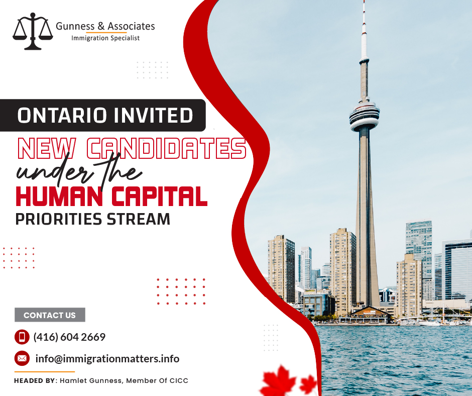 On September 26, 2023, the Ontario Immigrant Nominee Program (OINP) conducted an invitation draw under the OINP Human Capital Priorities Stream. The OINP issued 1,696 targeted Notifications of Interest (NOIs) to candidates with work experience in healthcare occupations. Invited candidates' CRS Express Entry score was between 350 and 462 points. This year, the province has invited 14,091 candidates through twelve Express Entry Human Capital Priorities Stream draws. In 2023, Ontario issued 34,696 invitations under all streams of OINP. Invited Healthcare Occupations Candidates who had a comprehensive ranking system (CRS) score of 350-462 and work experience in the following national occupational classification (NOC) codes were notified.In your Express Entry profile, you must list your work experience in one of the following NOCs as your major NOC:NOC 31102 - General practitioners and family physicians
NOC 31300 - Nursing coordinators and supervisors
NOC 31301 - Registered nurses and registered psychiatric nurses
NOC 32101 - Licensed practical nurses
NOC 33102 - Nurse aides, orderlies, and patient service associates
About the OINP Human Capital Priorities Stream The Express Entry Human Capital Priorities immigration stream in Ontario is part of the Ontario Immigrant Nominee Program (OINP). It allows foreign workers with the necessary skilled work experience, language abilities, and education to apply to live and work permanently in Ontario.Before you can apply online to be nominated for permanent residence by the Ontario government, you must have a valid profile in the Immigration, Refugees, and Citizenship Canada's (IRCC's) Express Entry system and receive a Notification of Interest from Ontario.What are OINP Human Capital Priorities Stream Requirements?To be successful in the OINP Capital Priorities Stream you need to meet these requirements:You must choose which of the two federal programs you want to be assessed against: the Canadian Experience Class and the Federal Skilled Workers Program.
You must hold a bachelor's, master's, or PhD from Canada or the equivalent in another nation.
You must be able to understand, read, write, and speak English or French at a level 7 or higher on the Canadian Language Benchmark (CLB).
When you move to Canada, you must have enough money to support yourself and any dependent family members.
After receiving permanent residence, you must plan to stay in Ontario.Join our RSS Feed Want to know more details about “Ontario invited new candidates under the Human Capital Priorities Stream” you can contact one of our immigration specialists at Gunness & Associates.Tel: (416) 604-2669 Email: info@test.immigrationmatters.infoGunness & Associates has helped thousands of people successfully immigrate to Canada with their families. Our skilled and experienced immigration experts have the expertise to accurately examine your case and advise you on the best method of proceeding to best serve your needs.For honest and straightforward advice, contact the expertsat Gunness & AssociatesGet a free AssessmentJoin our newsletter and get up-to-date immigration news Click hereAll rights reserved ©2023 Gunness & Associates