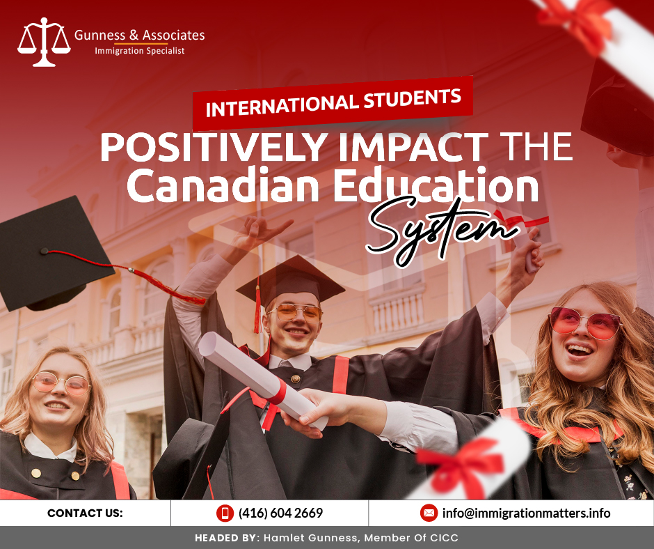 International students positively impact the Canadian education system as there has been a considerable increase in the number of international students choosing to further their studies in Canada recently. This influx enhances the cultural diversity on campuses throughout the country and significantly impacts the education system, economy, and the communities that host these students. The growing multicultural environment within educational institutions enriches the learning experience for both local and international students. The increased revenues from international tuition fees also help to improve the quality of education and research in Canadian institutions. Additionally, this trend contributes to the local economy as students spend on housing, food, and other living expenses.Overview of the Canadian education system Education in Canada is primarily provided publicly, with funding and supervision provided by provincial, territorial, and local governments. Education is governed by the province, and the curriculum is overseen by the province. Primary education is the first level of education in Canada, followed by secondary education and post-secondary education. District school boards administer educational programs within the provinces under the Ministry of Education. Classes at most colleges and universities normally start in early September and run through the end of April or the beginning of May. The two terms that make up the winter session are typically September through December and January through April. From May through August, a variety of summer study programs are available. In Canada, there are also a few special schools that provide year-round instruction.Undergraduate degrees can be completed in three or four years, depending on the university. Postgraduate degrees can be completed in one to two years, depending on the type. Ph.D. programs are longer than in other nations, and master's programs typically last one to two years. Typically, they require four to seven years to finish.Canada has ranked as the second-best country in the world Canada is ranked 2nd best country in the world overall in the 2023 Best Countries ranking by U.S. News, up from 3rd place in 2022. U.S. News analyzed ten sub-categories and surveyed over 17,000 people from 36 countries before ranking 87 countries. Canada ranked in the top five for four sub-categories: Entrepreneurship, Quality of Life, Social Purpose, and Agility. Canada also ranked in the top seven for nine attributes, such as being the 2nd best country for starting a career and racial equality. These rankings show that Canada is a leading destination for immigrants seeking to build a better life, with excellent opportunities for education and career development.Join our RSS Feed Want to know more details about “International students positively impact the Canadian education system” you can contact one of our immigration specialists at Gunness & Associates.Tel: (416) 604-2669 Email: info@test.immigrationmatters.infoGunness & Associates has helped thousands of people successfully immigrate to Canada with their families. Our skilled and experienced immigration experts have the expertise to accurately examine your case and advise you on the best method of proceeding to best serve your needs.For honest and straightforward advice, contact the expertsat Gunness & AssociatesGet a free Assessment Join our newsletter and get up-to-date immigration news Click hereAll rights reserved ©2023 Gunness & Associates