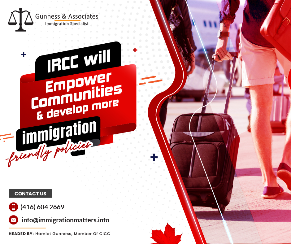 On October 31, Immigration Minister Marc Miller introduced plans to enhance Canada’s immigration policies. After consulting with stakeholders and the public, Immigration, Refugees and Citizenship Canada (IRCC) is implementing a strategy to align the labor market and immigration system. IRCC will explore funding initiatives that enhance community partnerships and services in mid-size, rural, and northern areas. The strategy plans to increase digital settlement services, expand services for Francophone newcomers, and leverage investments from immigrants for affordable housing. IRCC will also explore enhancing regional immigration, including making the Rural and Northern Immigration Pilot a permanent program and developing a new Francophone Immigration Policy to support French-speaking immigrants in minority communities. IRCC will also explore enhancing regional immigration including:Fast Response to Global Crises: Canada aims to make its immigration system agile and ready to respond to global humanitarian crises in an efficient and equitable manner.Empowering Francophone Communities: A new Francophone Immigration Policy will be developed to boost the vitality of Francophone minority communities while also increasing the country's demographic presence of French linguistic minorities.Improving the International Student Program: Through collaboration with provinces and territories, a Recognized Institutions Framework will be established, which will expedite study permit processing for post-secondary institutions that maintain high standards in critical areas such as integrity and student support.Integrated Planning: Canada intends to match immigration levels with housing, healthcare, infrastructure, and other critical services.Newcomer Advisory Body: A group of newcomers with immigration experience will be formed to offer suggestions for improving programs, policies, and service delivery.Chief International Talent Officer: The appointment of a Chief International Talent Officer will improve the alignment of immigration programs with labor market needs, including industry and sector strategies.User-Friendly Website: To help applicants easily access the information they need, the immigration department will make its website more user-friendly.Canada Immigration aims to stabilize in order to support long-term growthImmigration is crucial for Canada's growth, with about 23% of the population being immigrants, the highest among the G7. The 2024 immigration target is 485,000, 1.2% of Canada's population. Canada's working population is declining, with the current ratio of workers to seniors at 3:1, expected to drop to 2:1. This aging workforce leads to labor shortages, which immigration can alleviate. This will support the National Housing Strategy, which invests over $82 billion over ten years. In addition, Canada, as a global leader in refugee resettlement, welcomed over 46,500 refugees from 80 countries last year, including 40,000 vulnerable Afghans.Join our RSS Feed Want to know more details about the “IRCC will empower communities and develop more immigration-friendly policies” you can contact one of our immigration specialists at Gunness & Associates.Tel: (416) 604-2669 Email: info@test.immigrationmatters.infoGunness & Associates has helped thousands of people successfully immigrate to Canada with their families. Our skilled and experienced immigration experts have the expertise to accurately examine your case and advise you on the best method of proceeding to best serve your needs.For honest and straightforward advice, contact the expertsat Gunness & AssociatesGet a free Assessment Join our newsletter and get up-to-date immigration news Click hereAll rights reserved ©2023 Gunness & Associates