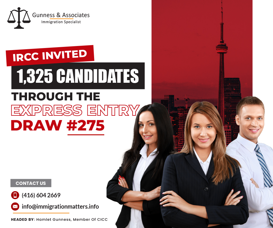 On December 18, 2023, Immigration, Refugees and Citizenship Canada (IRCC) issued 1,325 Invitations to Apply (ITA) to candidates under the latest Canada Express Entry draw #275. In this draw, IRCC invited candidates under all immigration programs. In the latest round of invitations, the cut-off score was 542 points, 19 points fewer than in the previous all-program draw. The tie-breaking rule for this round was November 6, 2023, at 14:40:23 UTC. As of December 17, 2023, are 208,638 profiles registered in the Express Entry pool. In 2023, Canada issued 108,196 ITAs through the Express Entry draws.Assess Your Eligibility for Immigration to CanadaCanada Express Entry Draws in December 2023As of December 18, 2023, Canada Express Entry draws will be held. The total number of EE draws held in December is shown in the table below:DateDrawDraw TypeITAsCRS Score275December 18, 2023All-Program Draw1325542274December 08, 2023STEM occupations5900481273December 07, 2023French Language proficiency1000470272December 06, 2023All-program Draw4750561This year, Canada has held the following Express entry draws:
There are 19 all-program draws.
There are five PNP draws.
Five draws are aimed specifically at French speakers.
Three draws are aimed specifically at healthcare occupations.
One draw is aimed specifically at STEM occupations.
One draw is aimed at skilled tradespeople.
One draw was specifically for Federal Skilled Worker candidates.
One draw focuses on transportation jobs.
One draw was aimed specifically at agriculture and agri-food occupations.Join our RSS Feed If you want to know more details about the “Latest Canada Express Entry draw 275 invited 1,325 candidates" you can contact one of our immigration specialists at  Gunness & Associates.Tel: (416) 604-2669 Email: info@test.immigrationmatters.infoGunness & Associates has helped thousands of people successfully immigrate to Canada with their families. Our skilled and experienced immigration experts have the expertise to accurately examine your case and advise you on the best method of proceeding to serve your needs.For honest and straightforward advice, contact the expertsat Gunness & AssociatesGet a free Assessment Join our newsletter and get up-to-date immigration news Click hereAll rights reserved ©2023 Gunness & Associates