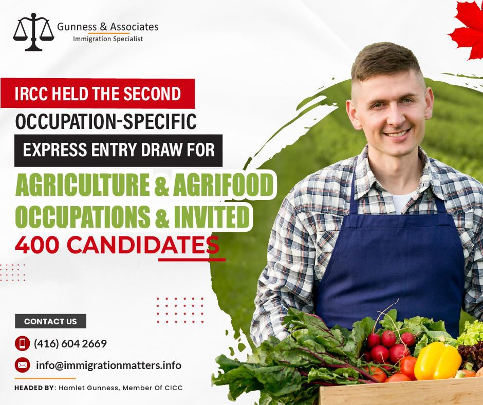 On December 21, 2023, Immigration, Refugees and Citizenship Canada (IRCC) held the second occupation-specific Express Entry draw 278 and issued 400 Invitations to Apply (ITA) to candidates working in Agriculture and agri-food occupations. This was the fourth consecutive Express Entry draw this week. In round #278, the cut-off score was 386, 32 points more than in the previous draw for this category. The tie-breaking rule for this round was July 6, 2023, at 05:44:14 UTC. As of December 17, 2023, there were 208,638 profiles registered in the Express Entry pool. This year, Canada issued 110,266 ITAs through 42 Express Entry draws.As a candidate, you can work with an immigration specialist. Fill out the form to Get an assessment from an experienced and licensed immigration consultant.Express Entry Category-based selectionIRCC invites candidates from the Express Entry pool who are eligible for a specific category established by the Minister to meet an identified economic goal in category-based rounds of invitations. Candidates are invited to apply for permanent residence based on criteria such as:the ability to communicate in a specific official language.
work experience in a specific occupation
EducationCategory-based rounds supplement general and program-specific rounds by inviting top-tier candidates who can contribute to the achievement of these specific economic objectives.Important Factors for the Candidates of Express Entry Factors considered for express entry candidates included ITAs by program, province, score, age, and occupation. Most successful were Canadian Experience Class applicants in their 20s, often software engineers planning to live in Ontario. By program, 45% of ITAs went to the CEC, 30% to FSWP, and 26% to the PNP. Almost half of all ITA recipients planned to reside in Ontario, followed by British Columbia, Alberta, and Nova Scotia. Click here to read the complete details.Join our RSS Feed If you want to know more details about the “IRCC held the 2nd occupation-specific Canada Express Entry draw 278" you can contact one of our immigration specialists at  Gunness & Associates.Tel: (416) 604-2669 Email: info@test.immigrationmatters.infoGunness & Associates has helped thousands of people successfully immigrate to Canada with their families. Our skilled and experienced immigration experts have the expertise to accurately examine your case and advise you on the best method of proceeding to serve your needs.For honest and straightforward advice, contact the expertsat Gunness & AssociatesGet a free Assessment Join our newsletter and get up-to-date immigration news Click hereAll rights reserved ©2023 Gunness & Associates