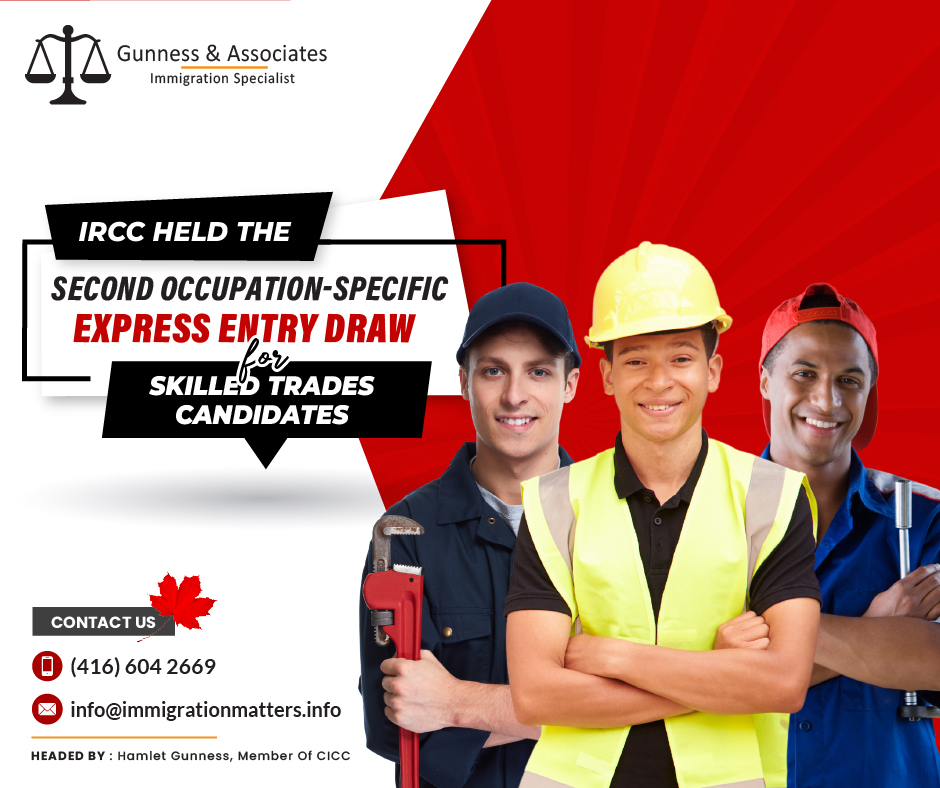 On December 19, 2023, Immigration, Refugees and Citizenship Canada (IRCC) held the second occupation-specific Canada Express Entry draw and issued 1,000 Invitations to Apply (ITA) to candidates working in one of the skilled trades occupations. In round #276, the cut-off score was 425, 37 points more than the previous draw for this category-based selection. The tie-breaking rule for this round was November 04, 2023, at 11:16:58 UTC. As of December 17, 2023, there were 208,638 profiles registered in the Express Entry pool. This year, Canada issued 109,196 ITAs through the Express Entry draws.Important Factors considered for express entry candidatesFactors considered for express entry candidates included ITAs by program, province, score, age, and occupation. Most successful were Canadian Experience Class applicants in their 20s, often software engineers planning to live in Ontario. By program, 45% of ITAs went to the CEC, 30% to FSWP, and 26% to the PNP. Almost half of all ITA recipients planned to reside in Ontario, followed by British Columbia, Alberta, and Nova Scotia. Click here to read the complete details.This year, Canada has held the following Express entry draws:There are 19 all-program draws.
There are five PNP draws.
Five draws are aimed specifically at French speakers.
Three draws are aimed specifically at healthcare occupations.
One draw is aimed specifically at STEM occupations.
2 draws aimed at skilled tradespeople.
One draw was specifically for Federal Skilled Worker candidatesJoin our RSS Feed If you want to know more details about the “IRCC held the second occupation-specific Express Entry draw for skilled trades candidates" you can contact one of our immigration specialists at Gunness & Associates.Tel: (416) 604-2669 Email: info@test.immigrationmatters.infoGunness & Associates has helped thousands of people successfully immigrate to Canada with their families. Our skilled and experienced immigration experts have the expertise to accurately examine your case and advise you on the best method of proceeding to serve your needs.For honest and straightforward advice, contact the expertsat Gunness & AssociatesGet a free Assessment Join our newsletter and get up-to-date immigration news Click hereAll rights reserved ©2023 Gunness & Associates