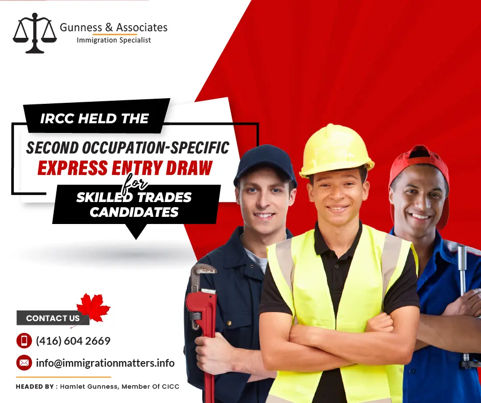 On December 19, 2023, Immigration, Refugees and Citizenship Canada (IRCC) held the second occupation-specific Canada Express Entry draw and issued 1,000 Invitations to Apply (ITA) to candidates working in one of the skilled trades occupations. In round #276, the cut-off score was 425, 37 points more than the previous draw for this category-based selection. The tie-breaking rule for this round was November 04, 2023, at 11:16:58 UTC. As of December 17, 2023, there were 208,638 profiles registered in the Express Entry pool. This year, Canada issued 109,196 ITAs through the Express Entry draws.Important Factors considered for express entry candidatesFactors considered for express entry candidates included ITAs by program, province, score, age, and occupation. Most successful were Canadian Experience Class applicants in their 20s, often software engineers planning to live in Ontario. By program, 45% of ITAs went to the CEC, 30% to FSWP, and 26% to the PNP. Almost half of all ITA recipients planned to reside in Ontario, followed by British Columbia, Alberta, and Nova Scotia. Click here to read the complete details.This year, Canada has held the following Express entry draws:There are 19 all-program draws.
There are five PNP draws.
Five draws are aimed specifically at French speakers.
Three draws are aimed specifically at healthcare occupations.
One draw is aimed specifically at STEM occupations.
2 draws aimed at skilled tradespeople.
One draw was specifically for Federal Skilled Worker candidatesJoin our RSS Feed If you want to know more details about the “IRCC held the second occupation-specific Express Entry draw for skilled trades candidates" you can contact one of our immigration specialists at Gunness & Associates.Tel: (416) 604-2669 Email: info@test.immigrationmatters.infoGunness & Associates has helped thousands of people successfully immigrate to Canada with their families. Our skilled and experienced immigration experts have the expertise to accurately examine your case and advise you on the best method of proceeding to serve your needs.For honest and straightforward advice, contact the expertsat Gunness & AssociatesGet a free Assessment Join our newsletter and get up-to-date immigration news Click hereAll rights reserved ©2023 Gunness & Associates