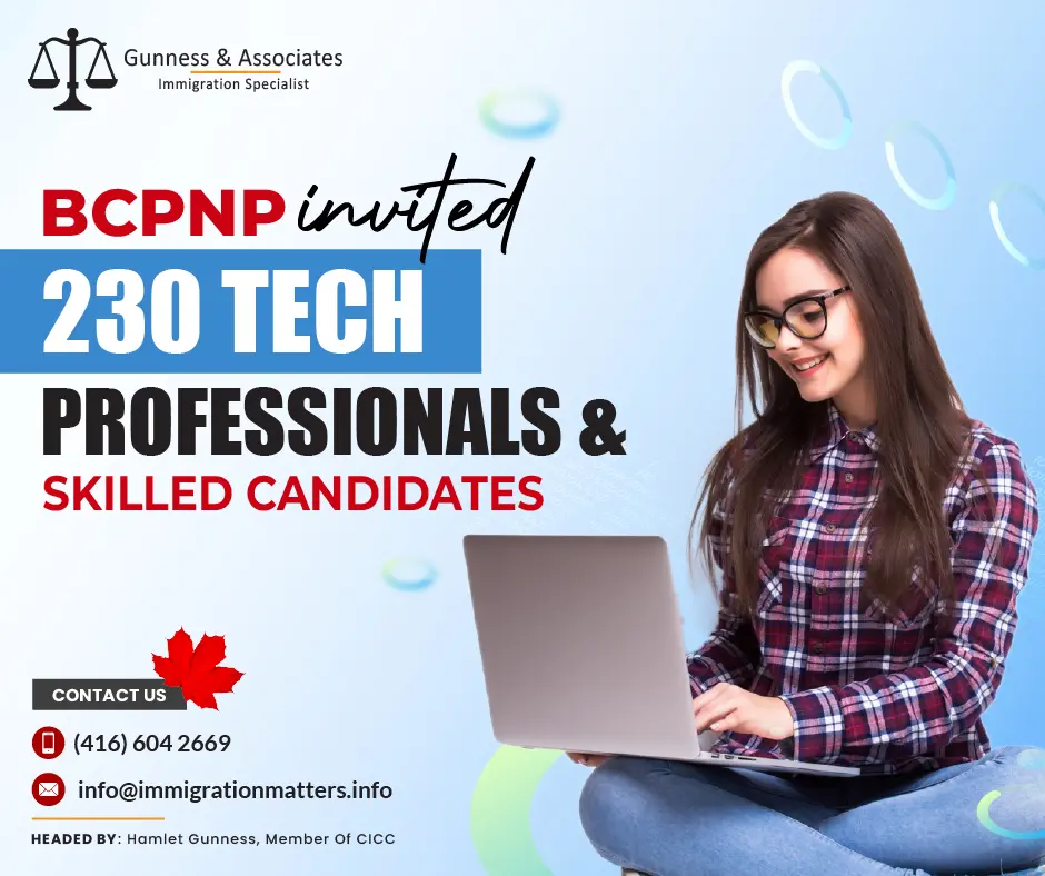 On December 19, 2023, BC issued new invitations in the Skilled Worker – International Graduate categories of the British Columbia Provincial Nominee Program (BC PNP). In the Tech-targeted draw, BC issued 107 invitations with a minimum score of 95 points. In the Childcare-targeted draw for early childhood educators (NOC 42202), the province invited 62 candidates who scored 60 points. In the Healthcare-targeted draw, the province issued 29 invitations. Additionally, the province invited 32 candidates working in the construction sector. The province invited 230 candidates with a score of 60-95 points. Including this draw, in 2023, British Columbia has already issued 10,150 invitations.As a candidate, you can work with an immigration specialist. Fill out the form to Get an assessment from an experienced and licensed immigration consultant.The next draw date for the BC PNP is anticipated to be December 27, 2023. Weekly draws for the BC PNP are usually held on Wednesdays. The BC PNP sets the dates, frequencies, and CRS scores for these draws; these can vary based on a number of factors, such as the labor market, the province's economy, and the immigration targets outlined in the Canada Immigration Level Plans.Priority technology occupations in the BC PNP10030 Telecommunication carriers managers
20012 Computer and information systems managers
21100 Physicists and astronomers
21210 Mathematicians, statisticians, and actuaries
21211 Data scientists
21220 Cyber Security specialists
21221 Business systems specialists
21222 Information systems specialists
21223 Database analysts and data administrators
21230 Computer systems developers and programmers
21231 Software engineers and designers
21232 Software developers and programmers
21233 Web designers
21234 Web developers and programmers
21300 Civil engineers
21301 Mechanical engineers
21310 Electrical and electronics engineers
21311 Computer engineers (except software engineers and designers)
21320 Chemical engineers
21399 Other professional engineers
22110 Biological technologists and technicians
22220 Computer network and web technicians
22221 User support technicians
22222 Information systems testing technicians
22310 Electrical and electronics engineering technologists and technicians
22312 Industrial instrument technicians and mechanics
50011 Managers – publishing, motion pictures, broadcasting, and performing arts
51111 Authors and writers (except technical)
51112 Technical writers
51120 Producers, directors, choreographers, and related occupations
52119 Other technical and coordinating occupations in motion pictures, broadcasting, and the performing arts
52112 Broadcast technicians
52113 Audio and video recording technicians
52120 Graphic designers and illustrators
53111 Motion pictures, broadcasting, photography, and performing arts assistants and operatorsThe occupations listed below are not the only ones that are eligible for the BC PNP. Priority occupations may receive a targeted invitation after registering.Join our RSS Feed If you want to know more details about the “BC issued new invitations to 230 tech professionals and skilled candidates" you can contact one of our immigration specialists at Gunness & Associates.Tel: (416) 604-2669 Email: info@test.immigrationmatters.infoGunness & Associates has helped thousands of people successfully immigrate to Canada with their families. Our skilled and experienced immigration experts have the expertise to accurately examine your case and advise you on the best method of proceeding to serve your needs.For honest and straightforward advice, contact the expertsat Gunness & AssociatesGet a free Assessment Join our newsletter and get up-to-date immigration news Click hereAll rights reserved ©2023 Gunness & Associates