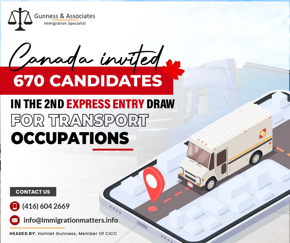On December 20, 2023, Immigration, Refugees and Citizenship Canada (IRCC) held the second round of invitations in the Express Entry system for newcomers with work experience in transport occupations. Express Entry draw for transport occupations #277 was the third consecutive draw of the week, and 670 Invitations to Apply (ITA) were issued to skilled workers with work experience in the transport sector. In this draw, the cut-off score was 435 points. The tie-breaking rule for this round was August 30, 2023, at 17:30:21 UTC. As of December 20, 2023, there are 208,638 profiles registered in the Express Entry pool. In 2023, Canada issued 109,866 ITAs through the Express Entry draws.As a candidate, you can work with an immigration specialist. Fill out the form to Get an assessment from an experienced and licensed immigration consultant.Invited transport occupations in this Express Entry drawIRCC invited 670 candidates in the 2nd express entry draw for transport occupation, Invited transport occupations with their NOC code are the following:93200 - Aircraft assemblers and aircraft assembly inspectors
73300 - Transport truck drivers
72604 - Railway traffic controllers and marine traffic regulators
72603 - Engineer officers, water transport
72602 - Deck officers, water transport
72601 - Air traffic controllers and related occupations
72600 - Air pilots, flight engineers, and flying instructors
72404 - Aircraft mechanics and aircraft inspectors
72403 - Railway carmen/women
70020 - Managers in transportationExpress Entry Draws 2023About the Express Entry system The Canadian government uses Express Entry, an online system, to organize and process applications for skilled workers who want to immigrate to Canada and get Canadian permanent residence status. Express Entry will result in processing times of six months or less for potential skilled foreign workers. Express Entry manages permanent residency applications under three federal economic immigration programs.Federal Skilled Worker Program
Federal Skilled Trades Program
Canadian Experience ClassJoin our RSS Feed If you want to know more details about the “Canada invited 670 candidates in the 2nd Express Entry draw for transport occupations" you can contact one of our immigration specialists at Gunness & Associates.Tel: (416) 604-2669 Email: info@test.immigrationmatters.infoGunness & Associates has helped thousands of people successfully immigrate to Canada with their families. Our skilled and experienced immigration experts have the expertise to accurately examine your case and advise you on the best method of proceeding to serve your needs.For honest and straightforward advice, contact the expertsat Gunness & AssociatesGet a free Assessment Join our newsletter and get up-to-date immigration news Click hereAll rights reserved ©2023 Gunness & Associates