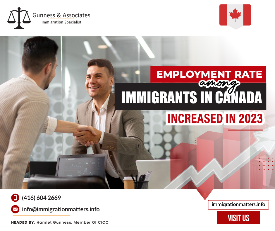 Statistics Canada published a new study exploring links between the employment rate in Canada of core working-age immigrants and the duration of their stay in Canada. The data highlights that immigrants with over ten years of stay had the highest employment rates, while recent arrivals (within the last five years) had the lowest. Specifically, employment rates were 77.8% for immigrants who landed five or fewer years ago, 81.9% for those who landed between 5 and 10 years ago, and 84.5% for those in Canada for over ten years. The overall employment rate for immigrants in 2023 was 82.6%, slightly lower than the 86.3% rate for Canadian-born individuals.In December, there were more people working in professional, scientific, and technical services (+46,000; +2.4%), health care and social assistance (+16,000; +0.6%), and "other services" (including personal and repair services) (+12,000; +1.5%). Five industries experienced declines, led by wholesale and retail trade (-21,000; -0.7%) and manufacturing (-18,000; -1.0%).In December, employment increased in four provinces, led by British Columbia (+18,000; +0.6%), while it decreased in Ontario (-48,000; -0.6%). Total hours worked increased by 0.4% in December and by 1.7% year on year.IRCC sets new wage rules for employers recruiting temporary foreign workersOn the other hand, in 2019 the employment rate for immigrants who arrived in Canada five years or less was 71.1%. Although this rate has also increased since dropping to 69.3% in 2020, the employment rate for this subgroup reduced slightly from 2022 (78%) to 2023 (77.8%).The employment rate in Canada for core-aged Men and WomenFollowing two months of little change, employment among core-aged men (aged 25 to 54) increased by 25,000 (+0.4%) in December. For the third month in a row, employment among women of the same age group stayed virtually unchanged.The employment rate for the core-aged population fell from January to December, as population growth (+2.9%; +446,000) outpaced employment growth (+1.9%; +243,000). The employment rate for women in this age group fell 0.8 percentage points from a record high of 82.2% in January to 81.4% in December. The rate for men aged 25 to 54 fell 0.8 percentage points between June (88.2%) and December (87.4%) in 2023. Despite recent labor market cooling, employment rates for both core-aged women(+2.1 percentage points) and core-aged men (+0.9 percentage points) remained higher than the average observed from 2017 to 2019, before the COVID-19 pandemic.In December 2023, employment for young women aged 15 to 24 increased by 13,000 (+1.0%), while it remained virtually unchanged for young men. When compared to the other major demographic groups, youth employment fell more abruptly from January to December. Female youth rates dropped by 4.0 percentage points to 56.7%, while male youth rates dropped by 2.1 percentage points to 56.0%. Employment rates for both female (-2.4 percentage points) and male (-1.4 percentage points) youth were lower in December than they had been from 2017 to 2019.In December 2023, employment among men aged 55 and older fell by 27,000 (-1.1%), the first significant drop since February 2023.Join our RSS Feed If you want to know more details about the “The employment rate in Canada among immigrants increased in 2023" you can contact one of our immigration specialists at Gunness & Associates.Tel: (416) 604-2669 Email: info@test.immigrationmatters.infoGunness & Associates has helped thousands of people successfully immigrate to Canada with their families. Our skilled and experienced immigration experts have the expertise to accurately examine your case and advise you on the best method of proceeding to serve your needs.For honest and straightforward advice, contact the expertsat Gunness & AssociatesGet a free Assessment Join our newsletter and get up-to-date immigration news Click hereAll rights reserved ©2023 Gunness & Associates