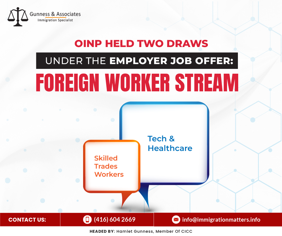 On January 9, 2024, the Government of Ontario held two draws in the Employer Job Offer Foreign Worker Stream (EJO FW) Stream of the Ontario Immigrant Nominee Program (OINP). The province issued 821 targeted invitations to apply (ITAs) to tech and healthcare occupations and 630 ITAs for skilled trades workers. The minimum scores for these draws were 40 and 33, respectively. All invitees have profiles created between January 9, 2023, and January 9, 2024. So far, the province invited 1,451 candidates under the OINP in 2024.Invited Skilled trades occupations Candidates were only invited if they had a score of 33 or higher and a job offer in one of the national occupational codes (NOC) listed below:NOC 22212 - Drafting technologists and technicians
NOC 22301 - Mechanical engineering technologists and technicians
NOC 22302 - Industrial engineering and manufacturing technologists and technicians
NOC 22311 - Electronic service technicians (household and business equipment)
NOC 22312 - Industrial instrument technicians and mechanics
NOC 70010 - Construction managers
NOC 70011 - Home building and renovation managers
NOC 70012 - Facility operation and maintenance managers
NOC 72010 - Contractors and supervisors, machining, metal forming, shaping and erecting trades and related occupations
NOC 72011 - Contractors and supervisors, electrical trades, and telecommunications occupations
NOC 72012 - Contractors and supervisors, pipefitting trades
NOC 72013 - Contractors and supervisors, carpentry trades
NOC 72014 - Contractors and supervisors, other construction trades, installers, repairers, and services
NOC 72020 - Contractors and supervisors, mechanic trades
NOC 72021 - Contractors and supervisors, heavy equipment operator crews
NOC 72022 - Supervisors, printing, and related occupations
NOC 72024 - Supervisors, motor transport, and other ground transit operators
NOC 72100 - Machinists and machining and tooling inspectors
NOC 72101 - Tool and die makers
NOC 72102 - Sheet metal workers
NOC 72103 - Boilermakers
NOC 72104 - Structural metal and plate work fabricators and fitters
NOC 72105 - Ironworkers
NOC 72106 - Welders and related machine operators
NOC 72200 - Electricians (except industrial and power system)
NOC 72201 - Industrial electricians
NOC 72203 - Electrical power line and cable workers
NOC 72204 - Telecommunications line and cable installers and repairers
NOC 72205 - Telecommunications equipment installation and cable television service technicians
NOC 72300 - Plumbers
NOC 72301 - Steamfitters, pipefitters, and sprinkler system installers
NOC 72302 - Gas fitters
NOC 72310 – Carpenters
NOC 72311 - Cabinetmakers
NOC 72320 - Bricklayers
NOC 72321 - Insulators
NOC 72400 - Construction millwrights and industrial mechanics
NOC 72401 - Heavy-duty equipment mechanics
NOC 72402 - Heating, refrigeration, and air conditioning mechanics
NOC 72403 - Railway carmen/women
NOC 72404 - Aircraft mechanics and aircraft inspectors
NOC 72406 - Elevator constructors and mechanics
NOC 72410 - Automotive service technicians, truck and bus mechanics, and mechanical repairers
NOC 72422 - Electrical Mechanics
NOC 72423 - Motorcycle, all-terrain vehicle, and other related mechanics
NOC 72500 - Crane operators
NOC 73100 - Concrete finishers
NOC 73101 - Tilesetters
NOC 73102 - Plasterers, drywall installers finishers, and lathers
NOC 73110 - Roofers and shinglers
NOC 73111 - Glaziers
NOC 73112 - Painters and decorators (except interior decorators)
NOC 73113 - Floor covering installers
NOC 73200 - Residential and commercial installers and servicers
NOC 73201 - General building maintenance workers and building superintendents
NOC 73202 - Pest controllers and fumigators
NOC 73209 - Other repairers and servicers
NOC 73300 Transport truck drivers
NOC 73301 Bus drivers, subway operators, and other transit operators
NOC 73400 - Heavy equipment operators
NOC 73402 - Drillers and blasters - surface mining, quarrying and construction
NOC 82031 - Contractors and supervisors, landscaping, grounds maintenance, and horticulture services
NOC 92100 - Power engineers and power systems operators
Ontario Immigrant Nominee Program (OINP)The Ontario Immigration Nominee Program (OINP) selects individuals who may meet the criteria for one of the immigration streams listed below through an expression of interest system. If Ontario selects you from the candidate pool, you will be invited to apply. Receiving an invitation to apply does not guarantee that you will be accepted into one of our streams.Join our RSS Feed If you want to know more details about the “OINP held two draws under the Employer Job Offer: Foreign Worker Stream" you can contact one of our immigration specialists at Gunness & Associates.Tel: (416) 604-2669 Email: info@test.immigrationmatters.infoGunness & Associates has helped thousands of people successfully immigrate to Canada with their families. Our skilled and experienced immigration experts have the expertise to accurately examine your case and advise you on the best method of proceeding to serve your needs.For honest and straightforward advice, contact the expertsat Gunness & AssociatesGet a free Assessment Join our newsletter and get up-to-date immigration news Click hereAll rights reserved ©2023 Gunness & Associates