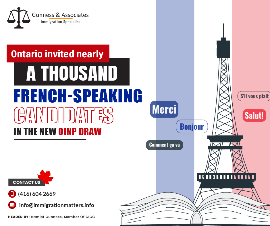 On January 18, 2024, the Ontario Immigration Nominee Program (OINP) invited candidates to the new OINP draw in the first round of invitations in Ontario’s Express Entry French-Speaking Skilled Worker stream. In this round, the OINP issued 984 Invitations to Apply for the Francophone candidates. The Comprehensive Ranking Score (CRS) range of candidates who received the Notification of Interest from the OINP was between 317 and 469 points. The Express Entry profiles of the candidates were created between January 18, 2023, and January 18, 2024. So far, in 2024, Ontario has invited 4,987 candidates under the OINP.Canadian Immigration in 2024 InsightsImmigration, Refugees and Citizenship Canada (IRCC) plans to welcome 485,000 permanent residents in 2024. The Express Entry System will continue holding category-based draws, focusing on specific labor gaps. In the first year of category-based draws, the IRCC identified to give priority to the immigration candidates included:proficient in French
recent work experience in any of the primary sectors, including trades, agri-food/agriculture, healthcare, STEM, and transportationIn addition, this year, Provincial Nominee Programs (PNPs), Canada's largest immigration pathway, will introduce new guidelines and multi-year plans. The provinces and territories will have advance notice of the 2025 allotment as the IRCC releases new multi-year plans for PNPs, which will enable them to better plan their immigration strategies.Furthermore, the International Student Program will improve its Letter of Acceptance verification system and review the Post-Graduation Work Permit program. International students in Canada hope for a PGWP extension in 2024, given the limited options for permanent residency. By mid-2023, Canada had approximately 2.2 million temporary residents, with over 1 million holding work permits - which has almost doubled in a year.Join our RSS Feed If you want to know more details about the “Ontario invited nearly a thousand French-speaking candidates in the new OINP draw" you can contact one of our immigration specialists at  Gunness & Associates.Tel: (416) 604-2669 Email: info@test.immigrationmatters.infoGunness & Associates has helped thousands of people successfully immigrate to Canada with their families. Our skilled and experienced immigration experts have the expertise to accurately examine your case and advise you on the best method of proceeding to serve your needs.For honest and straightforward advice, contact the expertsat Gunness & AssociatesGet a free Assessment Join our newsletter and get up-to-date immigration news Click hereAll rights reserved ©2023 Gunness & Associates