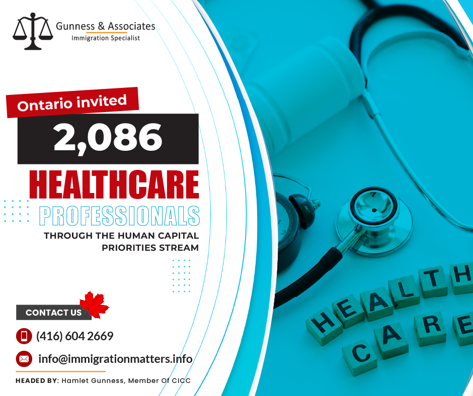 On February 6, 2024, Ontario invited 2,086 healthcare professionals through the OINP-HCP Stream. It was the first invitation draw of the year under the Human Capital Priorities Stream. The OINP issued 2,086 targeted Notifications of Interest (NOIs) to healthcare professionals with work experience in 42 National Occupational Classification (NOC) codes. Invited candidates' comprehensive ranking system (CRS) Express Entry score was between 379 and 430 points. Last year, the province invited 17,502 candidates through fourteen Express Entry Human Capital Priorities Stream draws. In 2024, Ontario issued 10,208 invitations under all streams of OINP.Healthcare Occupations invited in this OINP-HCP StreamThe list of the Healthcare Occupations invited in this OINP-HCP Stream is given below:NOC 30010 - Managers in healthcare
NOC 31100 - Specialists in clinical and laboratory medicine
NOC 31101 - Specialists in surgery
NOC 31102 - General practitioners and family physicians
NOC 31103 - Veterinarians
NOC 31110 - Dentists
NOC 31111 - Optometrists
NOC 31112 - Audiologists and speech-language pathologists
NOC 31120 - Pharmacists
NOC 31121 - Dietitians and nutritionists
NOC 31201 - Chiropractors
NOC 31202 - Physiotherapists
NOC 31203 - Occupational therapists
NOC 31204 - Kinesiologists and other professional occupations in therapy and assessment
NOC 31209 - Other professional occupations in health diagnosing and treating
NOC 31300 - Nursing coordinators and supervisors
NOC 31301 - Registered nurses and registered psychiatric nurses
NOC 31302 - Nurse practitioners
NOC 31303 - Physician assistants, midwives, and allied health professionals
NOC 32100 - Opticians
NOC 32101 - Licensed practical nurses
NOC 32102 - Paramedical occupations
NOC 32103 - Respiratory therapists, clinical perfusionists, and cardiopulmonary technologists
NOC 32104 - Animal health technologists and veterinary technicians
NOC 32109 - Other technical occupations in therapy and assessment
NOC 32110 - Denturists
NOC 32111 - Dental hygienists and dental therapists
NOC 32112 - Dental technologists and technicians
NOC 32120 - Medical laboratory technologists
NOC 32121 - Medical radiation technologists
NOC 32122 - Medical sonographers
NOC 32123 - Cardiology technologists and electrophysiological diagnostic technologists
NOC 32124 - Pharmacy technicians
NOC 32129 - Other medical technologists and technicians
NOC 32200 - Traditional Chinese medicine practitioners and acupuncturists
NOC 32201 - Massage therapists
NOC 32209 - Other practitioners of natural healing
NOC 33100 - Dental assistants and dental laboratory assistants
NOC 33101 - Medical laboratory assistants and related technical occupations
NOC 33102 - Nurse aides, orderlies, and patient service associates
NOC 33103 - Pharmacy technical assistants and pharmacy assistants
NOC 33109 - Other assisting occupations in support of health services
The Human Capital Priorities (HCP) stream of OINPThe Human Capital Priorities (HCP) stream, which is administered by the Ontario Immigrant Nominee Program (OINP), aims to draw in highly qualified and experienced foreign workers who can support the expansion and advancement of the province's economy. Through 14 HCP draws, Ontario invited 17, 502 candidates in total in 2023.The Federal Skilled Worker Program, the Federal Skilled Trades Program, and the Canadian Experience Class are the three federal economic immigration programs for which this stream is in line with the Express Entry system of the federal government.Join our RSS Feed If you want to know more details about “Ontario invited 2,086 healthcare professionals through the OINP-HCP Stream" you can contact one of our immigration specialists at Gunness & Associates.Tel: (416) 604-2669 Email: info@test.immigrationmatters.infoGunness & Associates has helped thousands of people successfully immigrate to Canada with their families. Our skilled and experienced immigration experts have the expertise to accurately examine your case and advise you on the best method of proceeding to serve your needs.For honest and straightforward advice, contact the expertsat Gunness & AssociatesGet a free Assessment Join our newsletter and get up-to-date immigration news Click hereAll rights reserved ©2023 Gunness & Associates