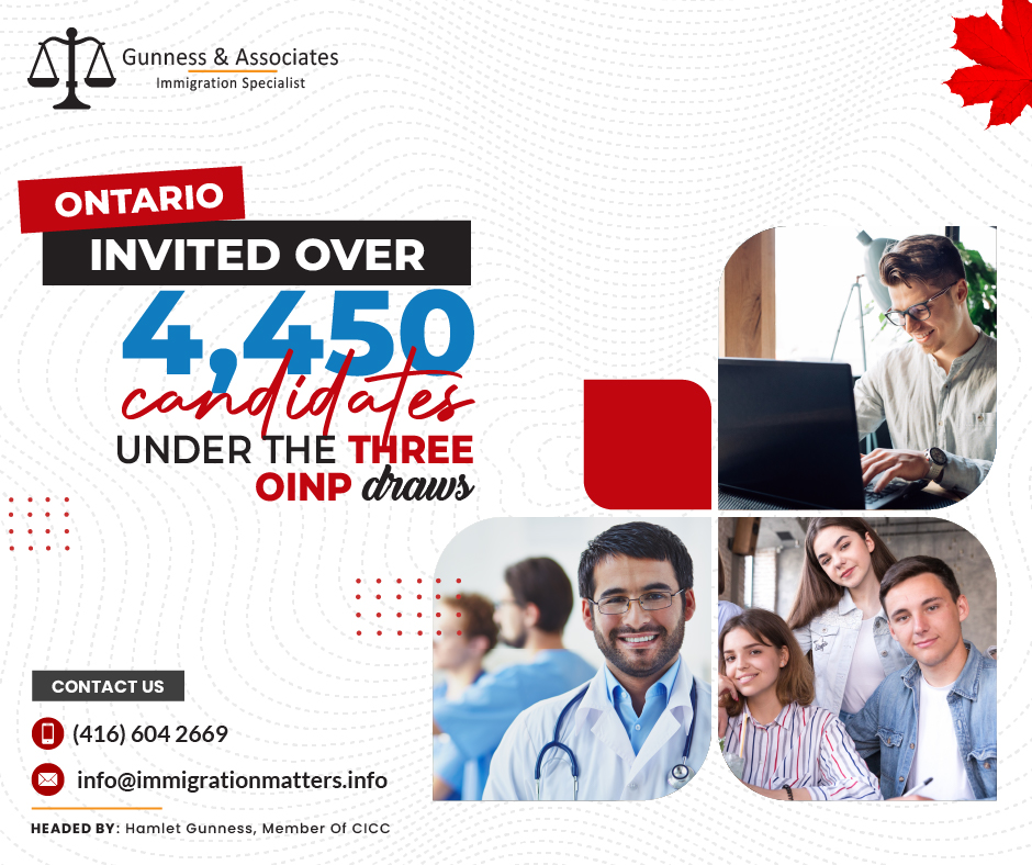 On February 8, 2024, the Government of Ontario invited candidates through three Ontario Immigration Nominee Program (OINP) draws. The province issued 2,118 targeted notifications of interest (NOIs) to candidates with experience in Tech occupations under the Human Capital Priorities (HCP) Stream. The minimum scores for this draw were between 471 and 480 points. OINP conducted two other draws under the Employer Job Offer: International Student stream and issued 1,188 invitations to apply (ITAs) in the General draw of the EJO IS stream and 1,152 ITAs to candidates with work experience in Tech and Healthcare occupations. The minimum scores for these draws were 78 points and 73 points, respectively.Invited Technology occupations Applicants received an NOI only if they had a CRS score of 471-480 and work experience in the Technology Occupations stated below:NOC 20012 - Computer and information system managers
NOC 21211 – Data Scientists
NOC 21220: Cybersecurity specialists
NOC 21221: Business systems specialists.
NOC 21222: Information systems specialists
NOC 21223: Database analysts and administrators
NOC 21230 - Computer System Developers and Programmers
NOC 21231: Software Engineers and Designers
NOC 21232 - Software Developers and Programmers
NOC 21233 - Web Designer
NOC 21234: Web developers and programmers.
NOC 21311 serves computer engineers (except for software engineers and designers), while NOC 22220 is for computer network technicians.
NOC 22221: User Support Technicians
NOC 22222: Information Systems Testing TechniciansOverall, the year 2024 witnessed Ontario's continued dedication to welcoming skilled professionals from around the world. With a total of 14,660 invitations issued across all streams of the OINP, Ontario reaffirms its status as a premier destination for ambitious individuals seeking opportunities for personal and professional growth.Prospective candidates aspiring to contribute their talents to Ontario's vibrant economy are encouraged to explore the diverse pathways offered by the OINP. Whether in the realms of technology, healthcare, or beyond, Ontario stands ready to welcome individuals ready to make a meaningful impact and call the province home.Join our RSS Feed If you want to know more details about “Ontario invited 4,452 candidates under the 3 OINP draws" you can contact one of our immigration specialists at Gunness & Associates.Tel: (416) 604-2669 Email: info@test.immigrationmatters.infoGunness & Associates has helped thousands of people successfully immigrate to Canada with their families. Our skilled and experienced immigration experts have the expertise to accurately examine your case and advise you on the best method of proceeding to serve your needs.For honest and straightforward advice, contact the expertsat Gunness & AssociatesGet a free Assessment Join our newsletter and get up-to-date immigration news Click hereAll rights reserved ©2023 Gunness & Associates